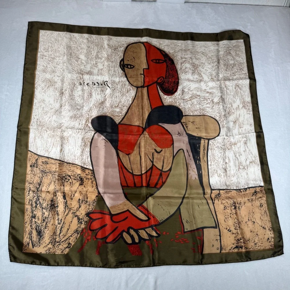Picasso Cubist Portrait Art Print Olive Green Red Square Scarf 33